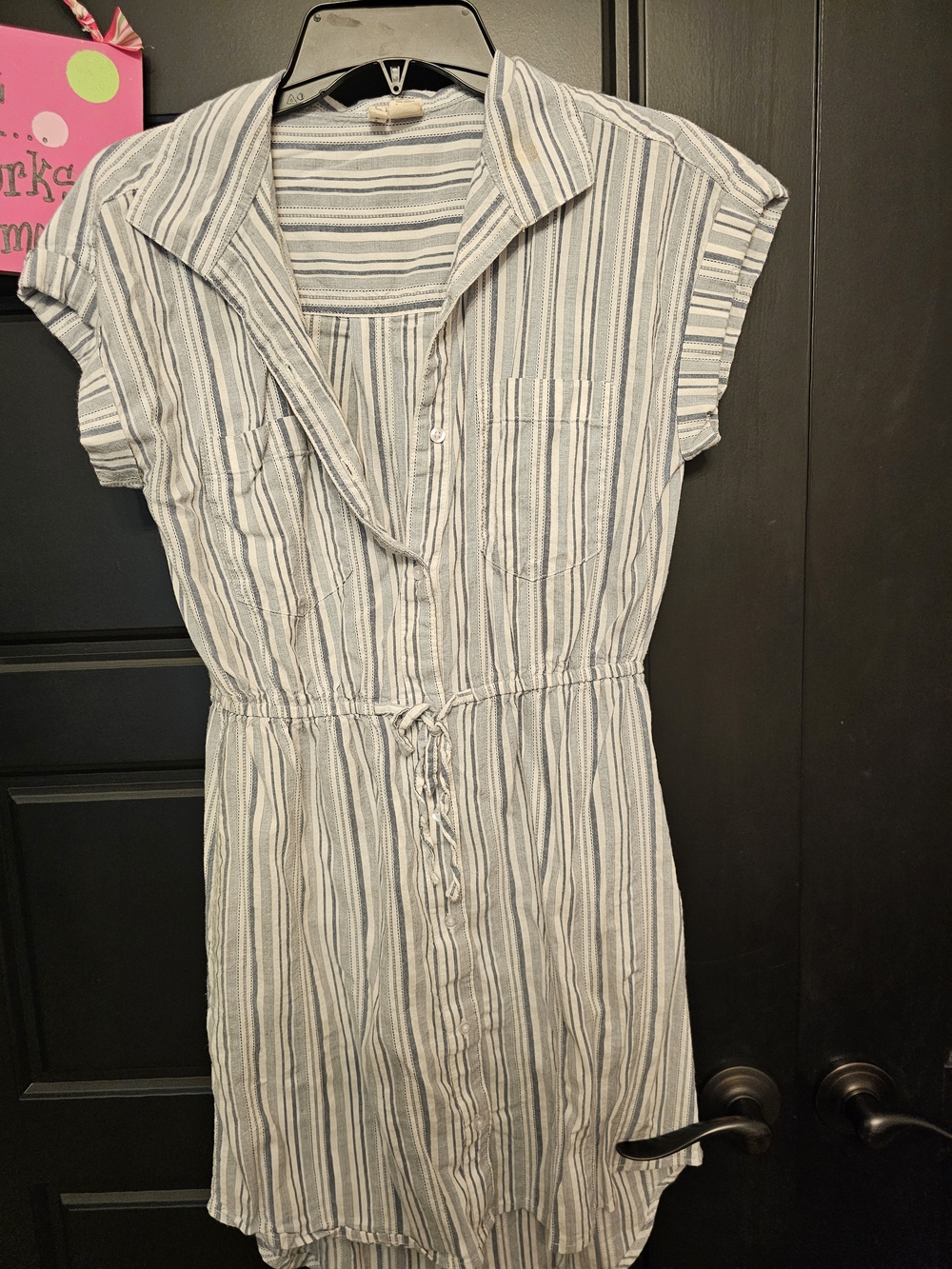 Striped Short-Sleeve Drawstring Shirt Dress in Light Blue and White